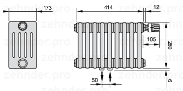 Схема (чертеж) Радиатор Zehnder Charleston 5026/9 №V008 Белый глянцевый RAL 9016